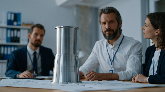 Nuclear engineers in dosimetry badges study a scale model of a small modular reactor pressure vessel inside a regulatory briefing room, cross-sectional technical drawings spread across the conferenc