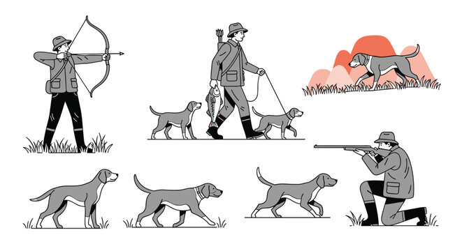 Collection of black and white sketches depicting hunters with dogs using bows and rifles in outdoor wilderness settings.