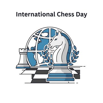 International Chess Day celebration with globe and chessboard.