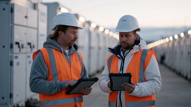 Grid-scale iron-air battery storage facility exterior at dusk, two energy storage engineers in reflective vests comparing charge-cycle performance data on ruggedized tablets, rows of modular battery