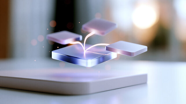 A glowing softly defocused function calling hologram with floating API connection tiles drifts above a clean bright pastel platform in calm daylight function calling faceless