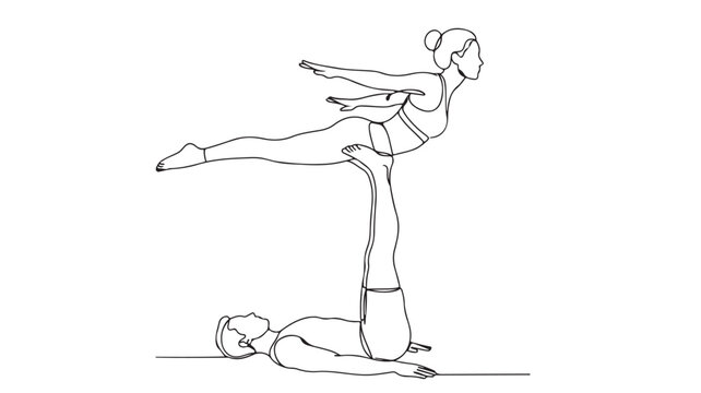 Minimalist continuous line drawing of acro yoga couple, partner yoga balance pose vector, black and white outline of athletic man and woman