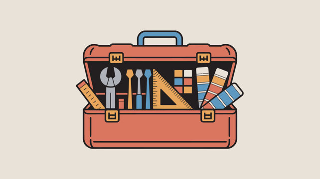 Opened toolbox with tools and accessories inside flat vector illustration on