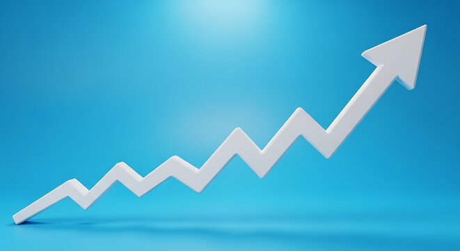 White arrow graph going up on blue background with increase positive analysis business financial progress development statistics abstract improvement