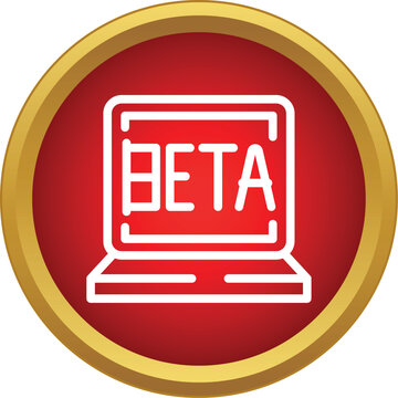 Laptop screen displaying beta software on a red and gold circle icon