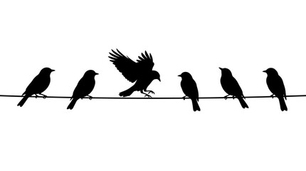 Obraz premium black silhouettes of bird vector illustration Birds on wire, black bird silhouettes, flock of birds, wildlife icons, vector graphics isolated on White Background vector eps silhouette