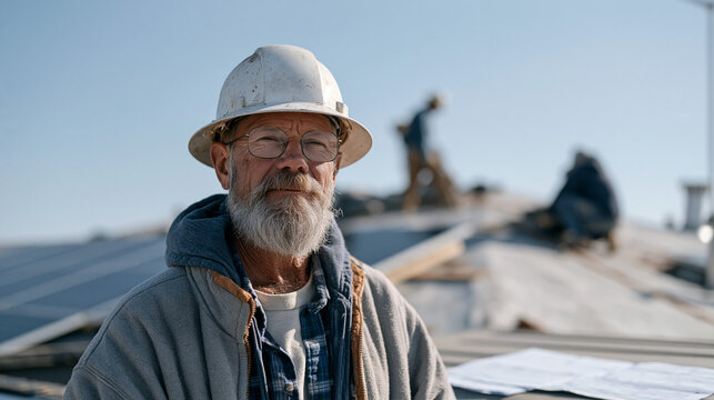 Construction crew completing a final solar panel installation while a homeowner stands below with a green building certification application in his hands, rooftop work visible against a clear Septem