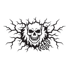 Fototapeta premium Scary skull and skeleton hand breaking through a wall
