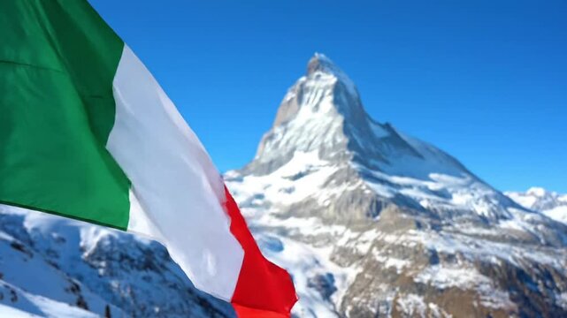 Italian Flag Waving Against the Matterhorn Mountain Peak