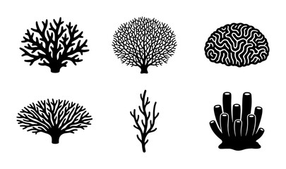 Collection of six black and white coral vector illustrations, diverse marine life silhouettes for underwater design elements, oceanographic and nature graphics © Nusrat