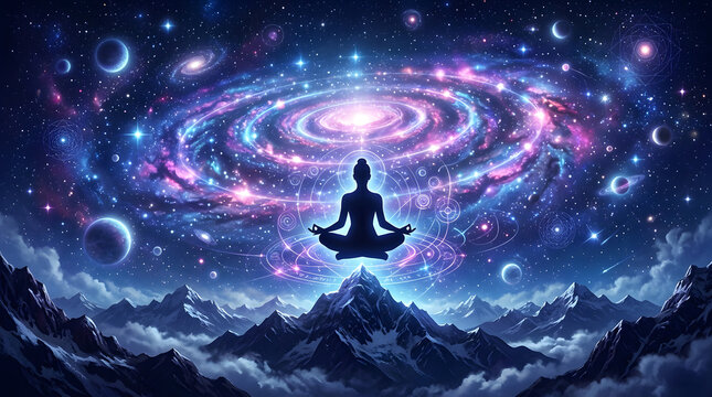 Astral meditation silhouette floating before galactic vortex with meditation