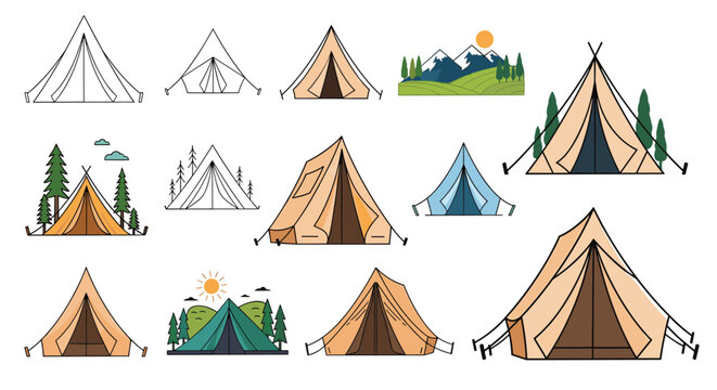 Large set of diverse camping tent designs and outdoor mountain landscapes for adventure and travel themes.