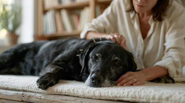 Animal acupuncturist inserting treatment needles along meridian points of arthritic senior Labrador lying calmly on padded clinic mat, practitioner checking placement chart taped to wall, holistic v