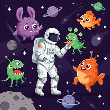 Astronaut interacting with friendly aliens in outer space.