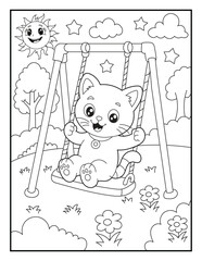Fototapeta premium Happy Little Cat Enjoying a Swing Ride at the Playground Coloring Page for Kids. Printable Cartoon Animal Line Art Illustration for Children.