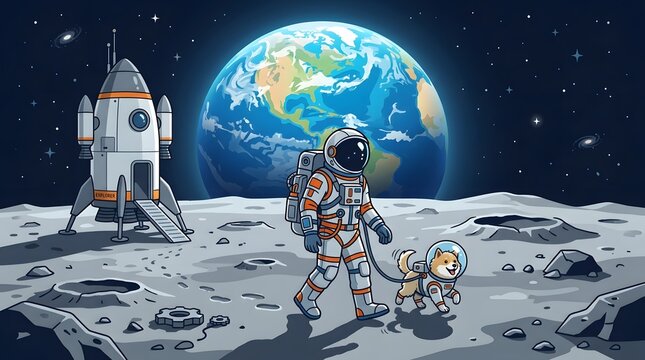 Astronaut walking with dog on moon surface with rocket and earth in background illustration