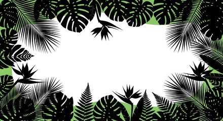 Naklejka premium Tropical foliage frame monstera palm bird of paradise and ferns