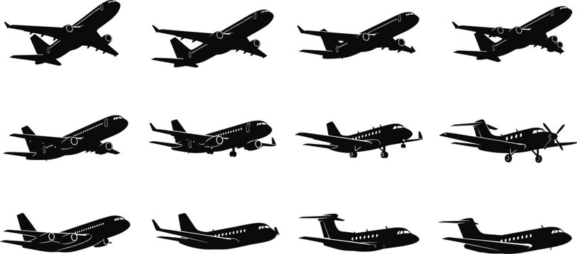 Airplane silhouette icon set featuring commercial jets, propeller aircraft, and military planes in side view for aviation and transport design