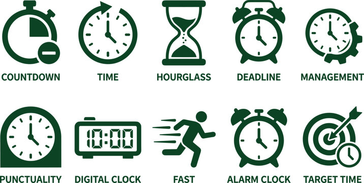 Time management and deadline planning green icons for productivity schedule optimization and task tracking tools.