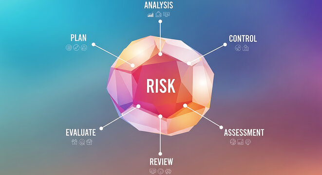 Risk management process diagram with gemstone management gemstone strategy analysis assessment business infographic illustration creative decision solution metaphor geometric colorful