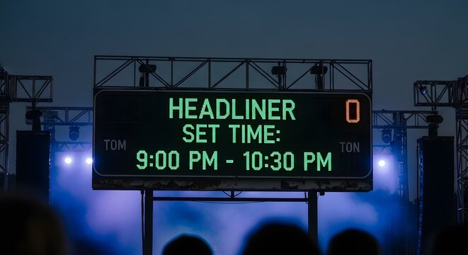 Electronic display board showing headliner set time at an outdoor concert venue at night