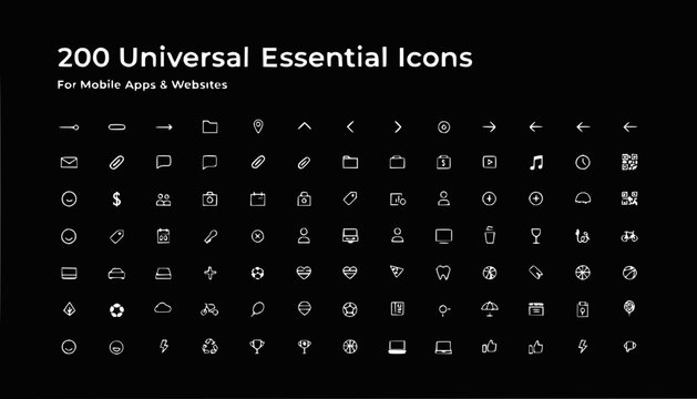 200 Universal Essential Icons for Mobile Apps & Websites - Clean Line Design