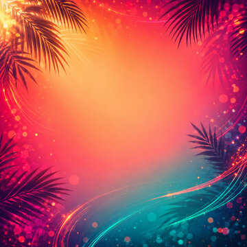 Tropical party background with palm leaves and colorful lights