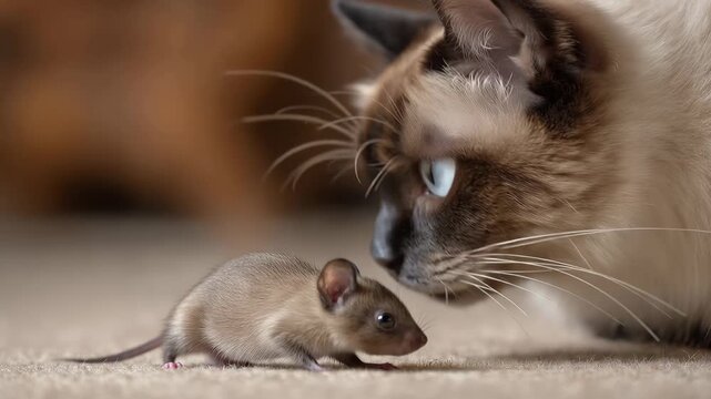 Cat and mouse meet in a home setting during daytime, both curious about each other while sitting on a soft surface