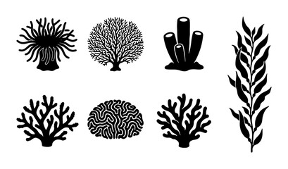 Black Silhouette Coral Reef Icons, Marine Life Vector Set, Underwater Flora and Fauna Illustrations, Ocean Ecosystem Elements © Abrar