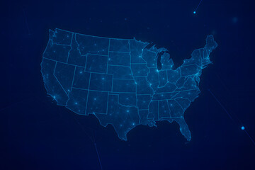 Obraz premium USA Technology Network Map in Modern Futuristic Style Featuring Digital Infrastructure, Innovation Hubs and Nationwide Connectivity Visualization