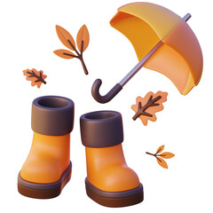 Autumn walk scene with rain boots umbrella and leaves 3D render © KetrinDesigner