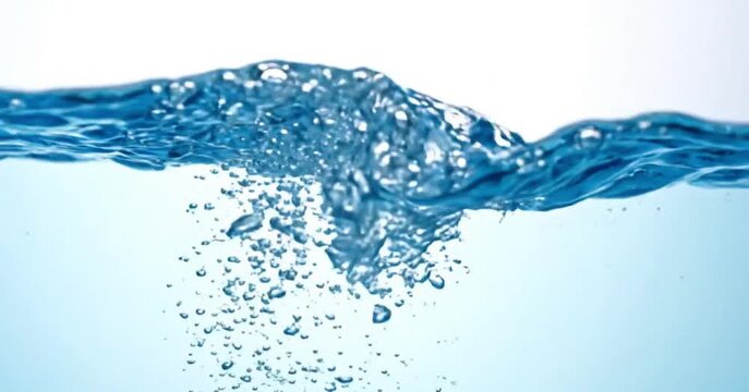 Macro static shot of air bubbles rising in clear blue water with surface ripples against a white background, illustrating green energy or ecological purity.