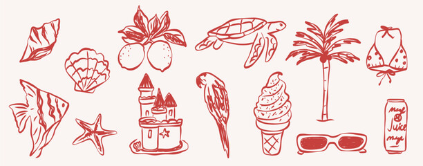 Obraz premium Line art doodle hand drawn beach icons set