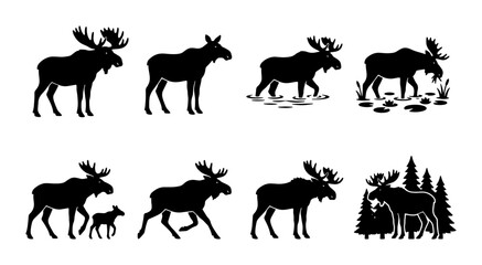 Fototapeta premium Moose Silhouette Vector Icons Set, Wildlife Animal Graphics, Forest Nature Elements, Black and White Mammal Illustrations