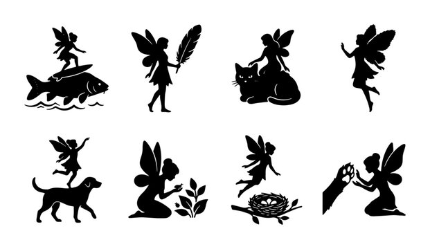 Whimsical Fairy Silhouettes: Enchanting Vector Icons of Magical Beings with Animals, Nature Elements, and Mythical Scenes for Fantasy Designs