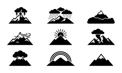 Fototapeta premium Mountain Weather Icons Set, Diverse Natural Phenomena Vector Graphics, Climate Change Symbols, Meteorology Collection, Outdoor Adventure Icons