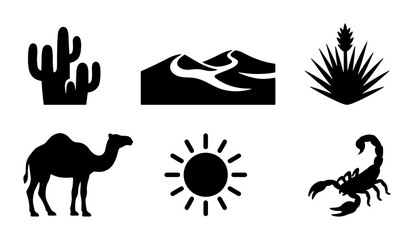 Desert Icon Set: Cactus, Camel, Scorpion, Sun, Sand Dunes, Agave, Arid Landscape Graphics, Vector Collection for Travel and Nature Themes © Rupali