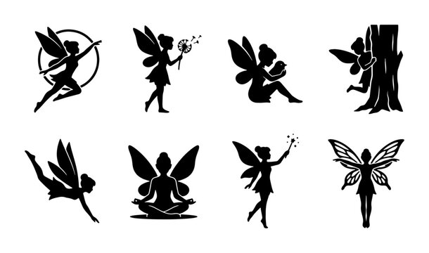 Magical Fairy Silhouettes Vector Set, Enchanted Woodland Creatures, Fantasy Sprites, Mythical Beings, Whimsical Characters, Nature Spirits, 8 Icons