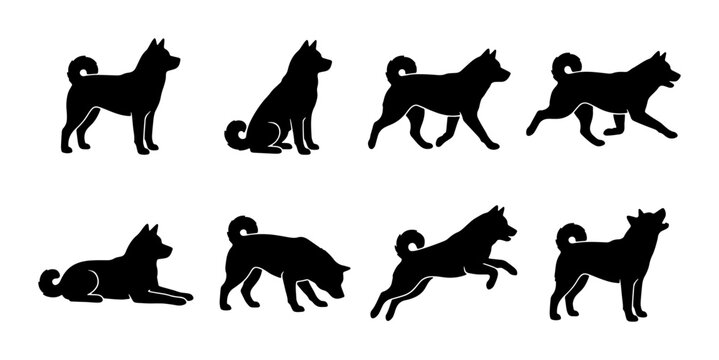 Shiba Inu Dog Silhouettes, Eight Poses Vector Pack: Standing, Sitting, Lying, Running, Jumping, Playful Actions, Black & White Iconography for Pet Lovers and Canine Graphics