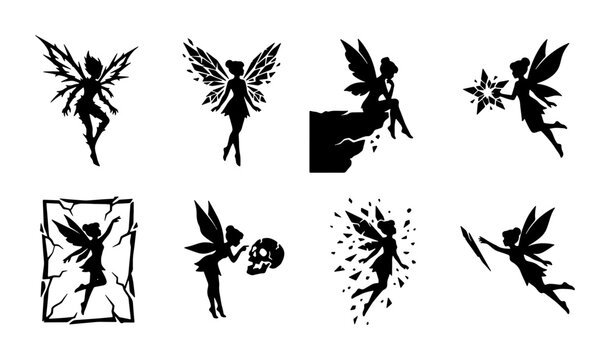 Magical Fairy Silhouettes Collection, Enchanting Fantasy Sprites, Whimsical Winged Beings, Mythical Creature Vector Icons for Creative Design