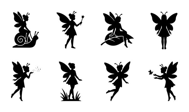 Whimsical Fairy Silhouettes Collection, Enchanting Magical Creatures Vector Set, Delicate Fantasy Sprites for Children's Designs, Nature-Inspired Characters