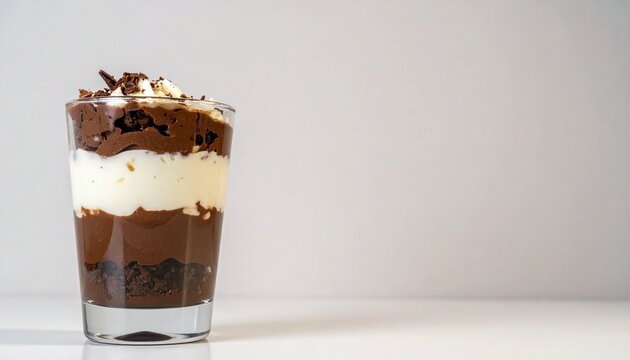 A layered parfait with chocolate and cream on a simple background with large copy space, elegant dessert styling