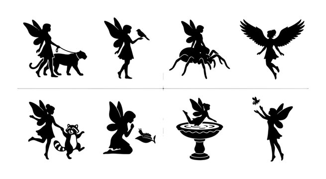 Whimsical Fairy Silhouettes Collection, Magical Creature Vector Icons, Enchanted Forest Elements, Mythical Beings Set