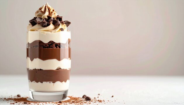 A layered parfait with chocolate and cream on a simple background with large copy space, elegant dessert styling