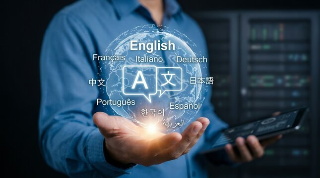 A person's hand holds a holographic globe displaying multiple languages, symbolizing global communication and translation technology, with a server room in the background.