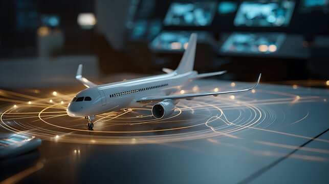 Airplane model on digital glowing radar screen in modern air traffic control room interior.