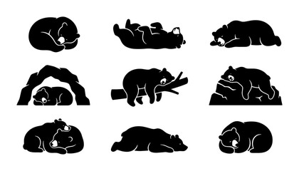 Black Bear Silhouettes Collection, Wildlife Animal Poses Vector Set, Nature Mammal Graphics for Design © Afrina