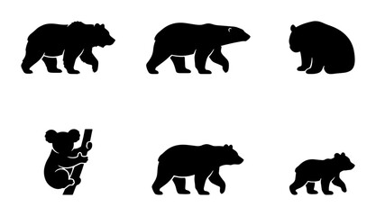 Diverse Bear Silhouettes Collection, Polar Bear, Grizzly, Koala, Cub, Wildlife Icons, Animal Graphics, Vector Set © Rupali