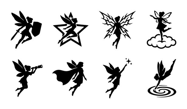 Magical Fairy Silhouettes Collection, Enchanting Fantasy Figures, Mythical Winged Beings, Vector Icons for Creative Projects