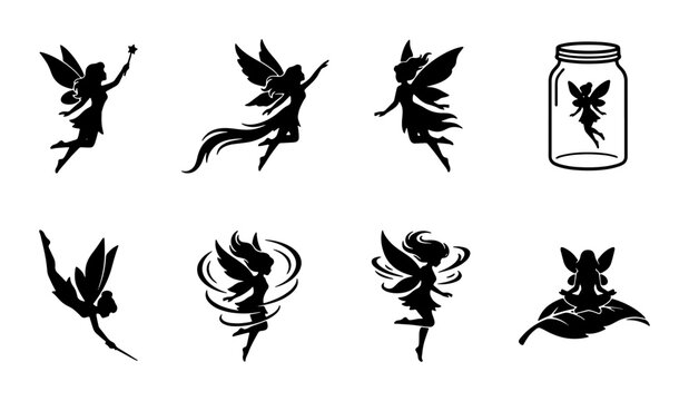 Magical Fairy Silhouettes Collection, Enchanted Flying Pixie Vector Icons, Whimsical Fantasy Creature Graphics, Mythical Sprites and Jar Illustration
